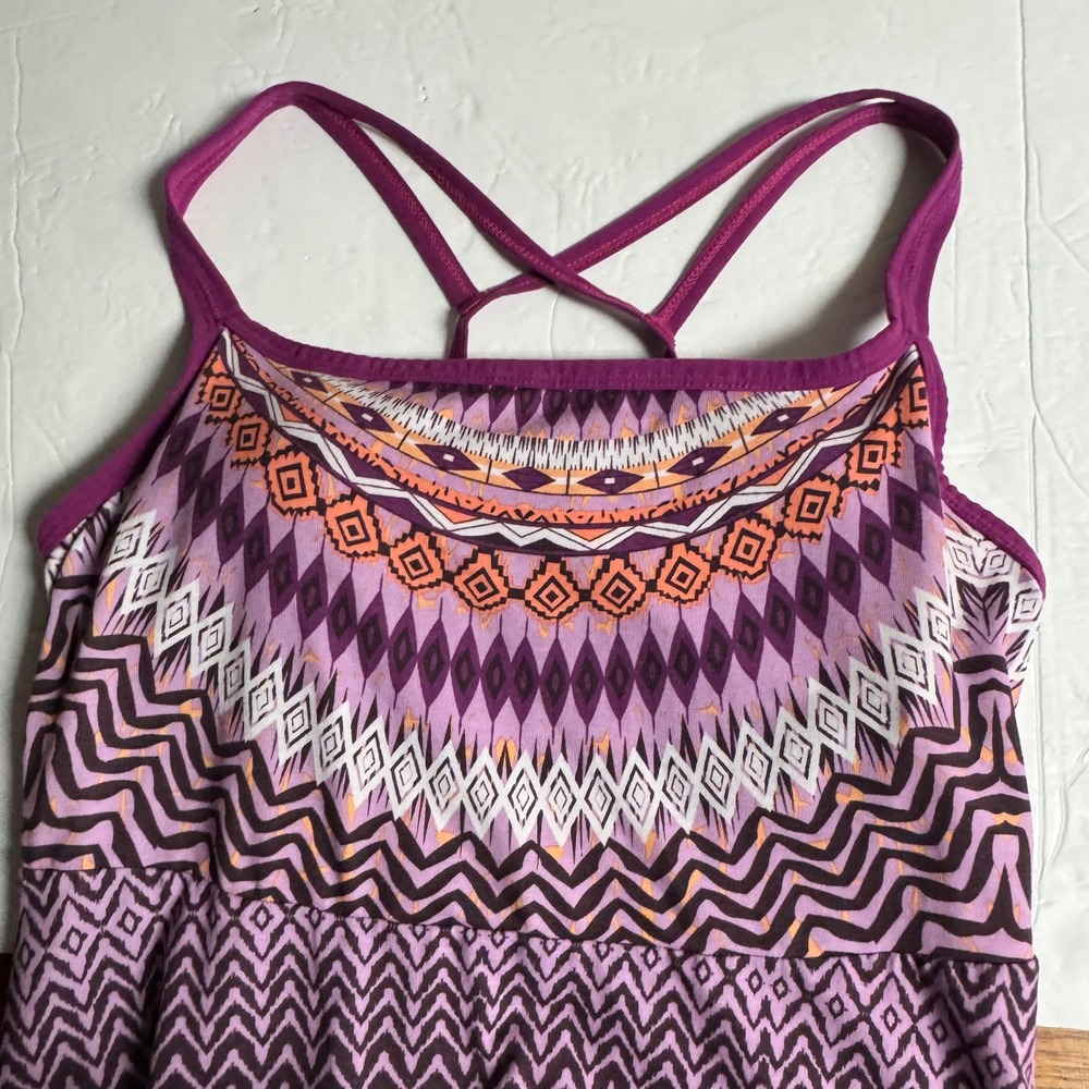 Prana Quinn Dress Purple Geometric Tribal Print Strappy Back Shelf Bra Medium